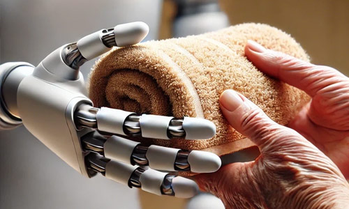 Photo en gros plan des mains du robot domestique Lori, déposant une serviette enroulée dans les mains d'une personne âgée.