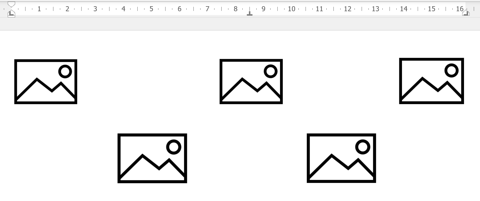 Capture d'écran montrant un alignement d'images grâce aux taquets de tabulation. La première ligne comprend une image à gauche, une image au centre et une autre à droite. La seconde ligne comprend deux images également alignées à l'aide de taquets, avec un espacement différent de la première ligne.